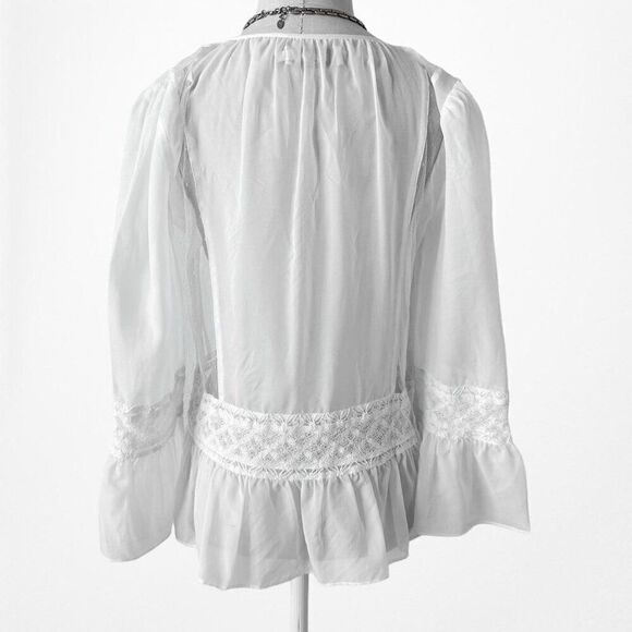 Candela White Sheer Lace Button Down Bell Sleeve Peplum Blouse Top Size XS - Picture 4 of 8
